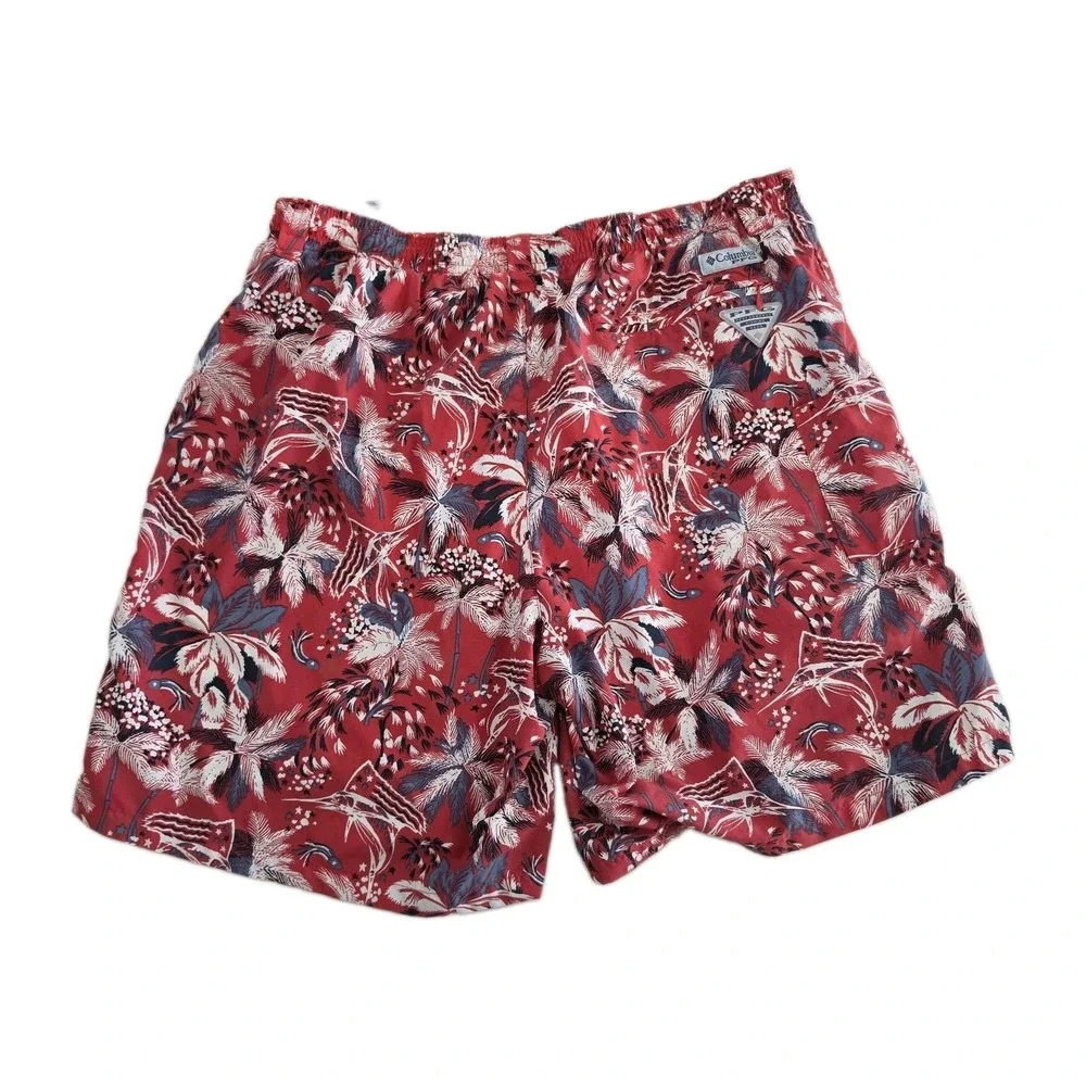 Columbia PFG Mens Swim Suit Trunks LARGE Red Hawaiian Print Mesh lined